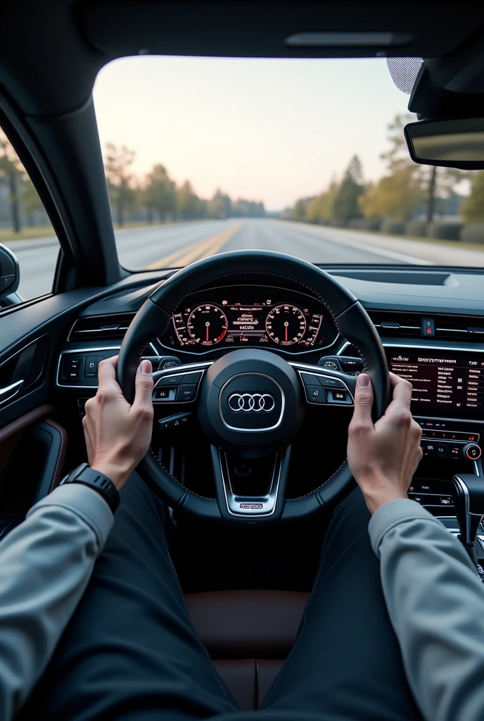 generate a photo from inside an audi in first person camera