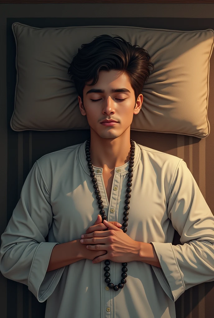 A young man lies asleep on a prayer mat without a pillow while holding prayer beads after reciting dhikr. 
