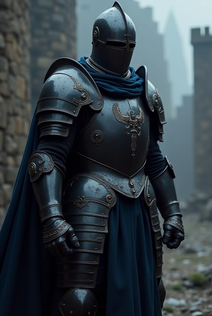 A Soldier, Medieval age, Black Armor and dark blue cloth suit,