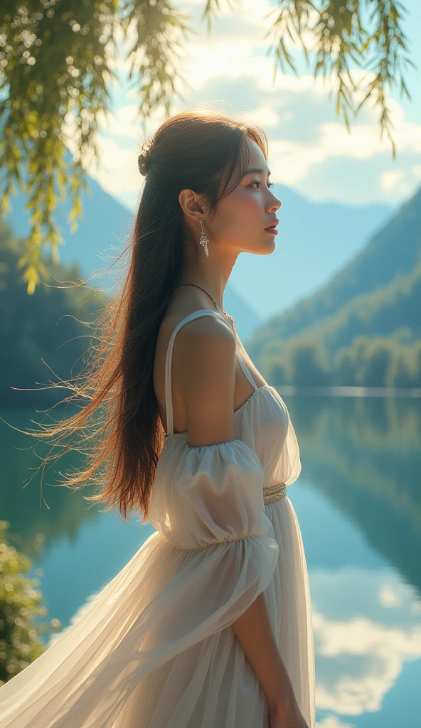 1 girl, serene expression, mesmerizing eyes, straight long hair, flowing dress, poised posture, porcelain skin, subtle blush, crystal pendant BREAK golden hour, (rim lighting):1.2, warm tones, sun flare, soft shadows, vibrant colors, painterly effect, dreamy atmosphere BREAK scenic lake, distant mountains, willow tree, calm water, reflection, sunlit clouds, peaceful ambiance, idyllic sunset, ultra detailed, official art, unity 8k wallpaper , zentangle, mandala
