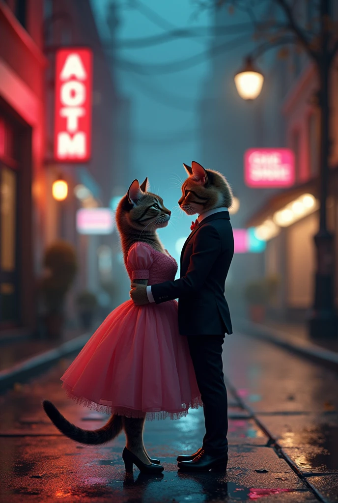 Cat Dating、Night Street Corner、Cat couple、Couple in pink dress and suit