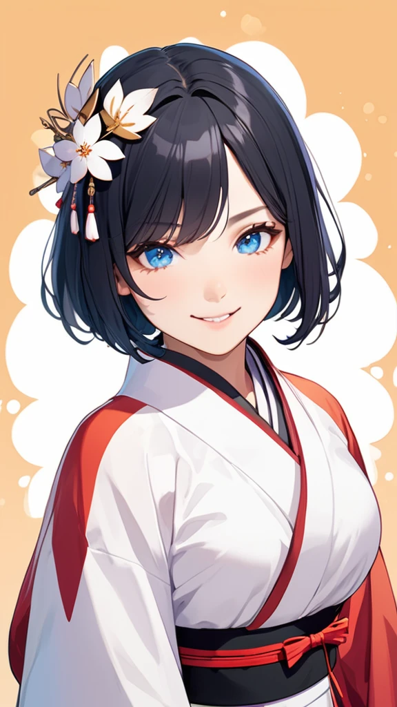 1 girl, short hair, shill, shut your mouth, hair accessories, details, blue eyes,Wearing a miko costume,Blue-black hair with a stubble,smile, Side corners,