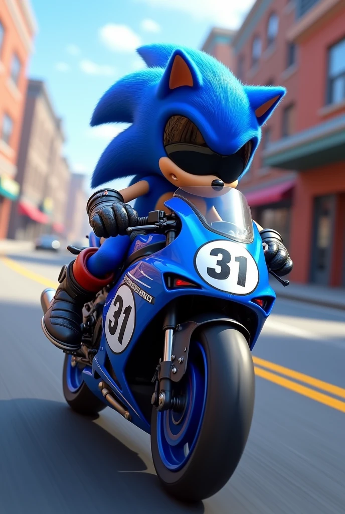 Png of a Sonic character delivering food on a blue gang motorcycle and the number 31 can be seen on the motorcycle, and have a black motorcycle helmet