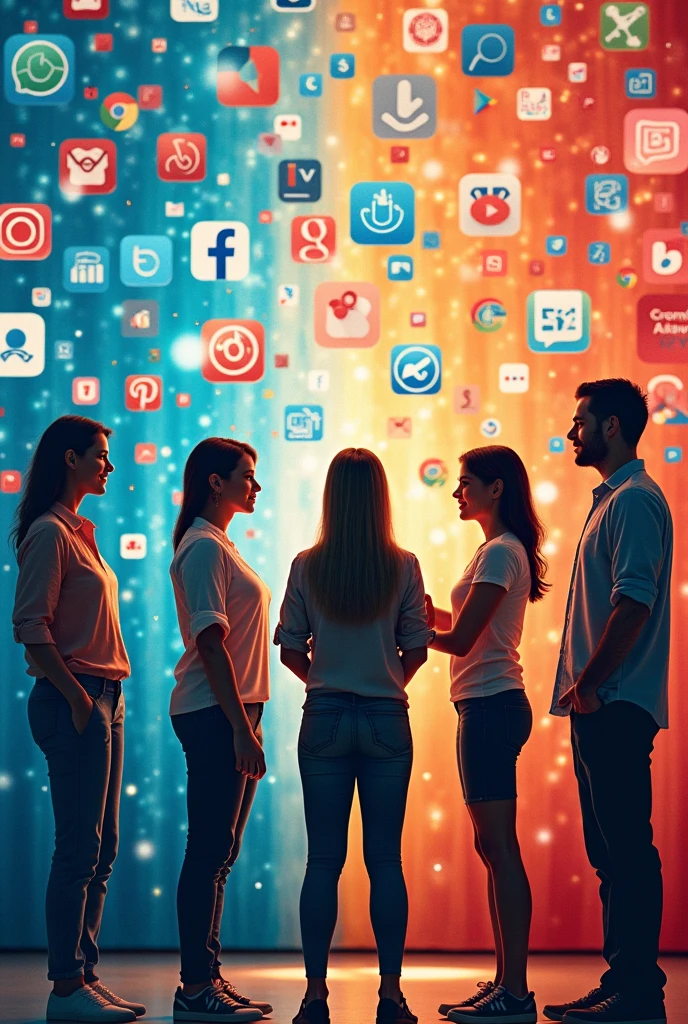 "Create an image featuring three women and three men with a background showing icons of applications like Facebook, WhatsApp, Instagram, Google Chrome, Bing, and other sapps. The app icons should be clearly visible in the background."
Jik