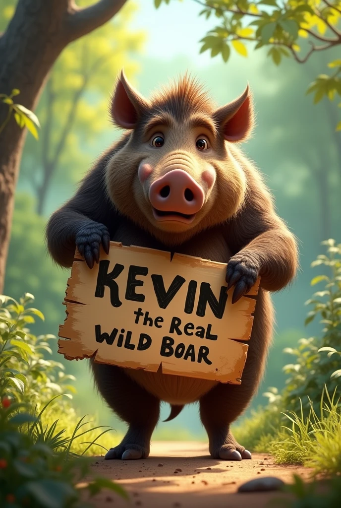 A wild boar with a sign that says “KEVIN THE REAL WILD BOAR” Disney Pixar style