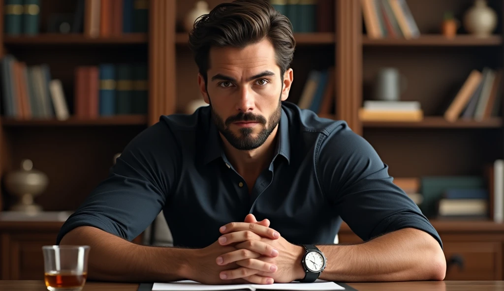 Create a hyperrealistic portrait of a confident, attractive man sitting at a desk. The man has a well-defined, muscular build with strong, masculine features, a short beard, and neatly styled wavy hair. He is wearing a fitted dark shirt that accentuates his physique. The man is leaning slightly forward with his hands clasped together in front of him, exuding a focused and professional demeanor. His eyes are clear and intense, free of glasses, adding to his direct and engaging expression. In the background, there are bookshelves filled with books and decorative items, and a soft, warm light creates a cozy yet serious atmosphere. A glass of amber liquid is placed on the desk, enhancing the realism of the scene.