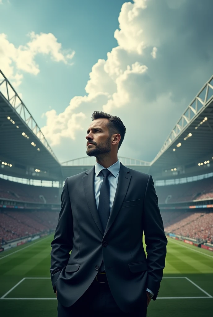 A man in a suit from inside a football stadium 
Clouds 