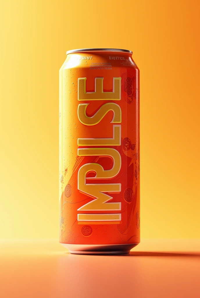 Create a mock up of an energy drink called Impulse with orange colors and a unique design that is attractive to young people.. The name must be vertical and occupy the entire width and length of the drink.