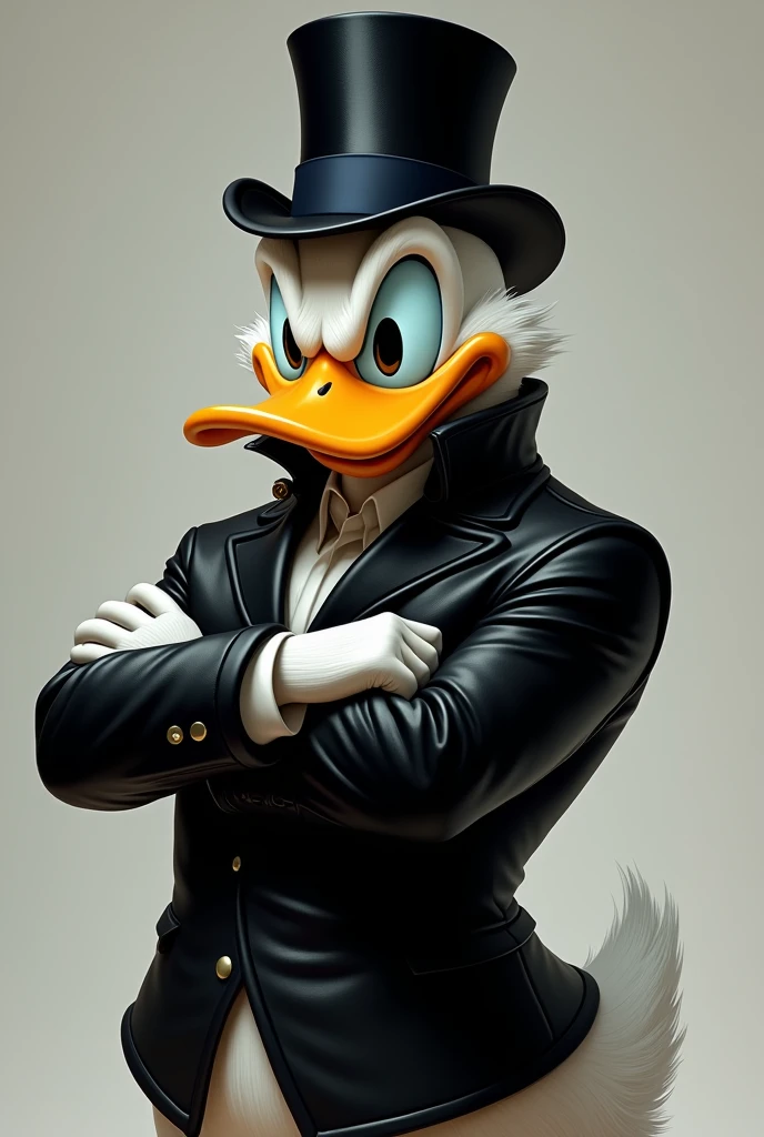 adult, pumped up donald duck with an attentive aggressive look, In a black jacket, feather color black, in a top hat. Smart face emotion, arms crossed over his chest. Photo up to the waist.