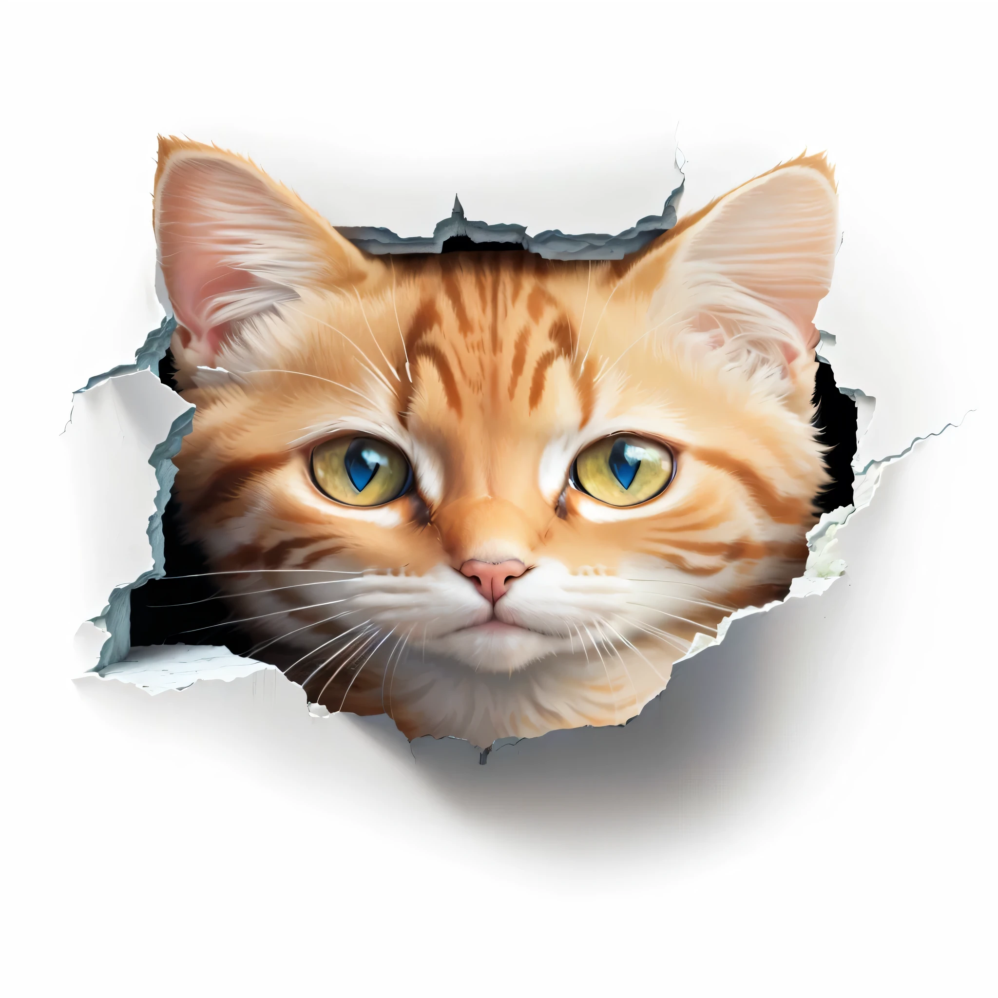 there is a cat that is looking through a hole in the wall, ultrarealistic illustration, cat design, ultra realistic illustration, cat. digital painting, hyperrealistic illustration, illustration of a cat, realistic illustration, cat head, very hyperrealistic, ginger cat, has a very realistic look to it, ultra realistic picture, photorealistic illustration, hyperrealistic!, very hyper realistic