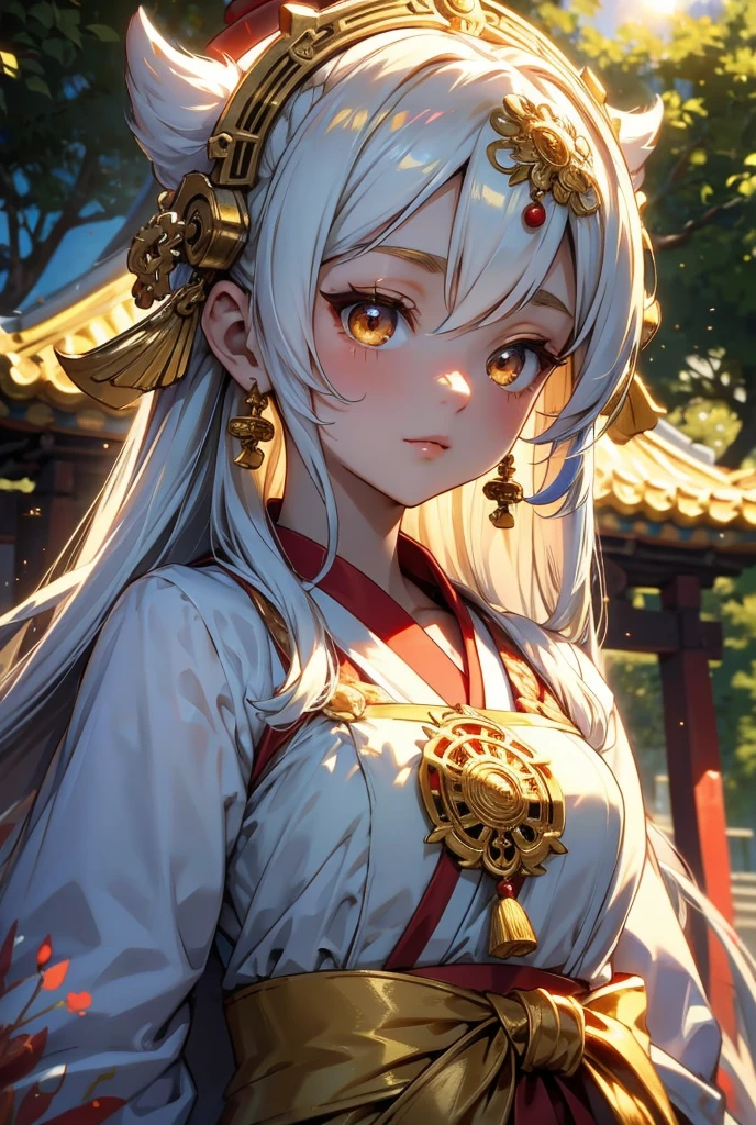 Upper body close-up。This is the figure of a shrine maiden。On his head there is a gold ornament。Hair is white。The background is the glow of the sun。She is a charming goddess。solve,8k、masterpiece