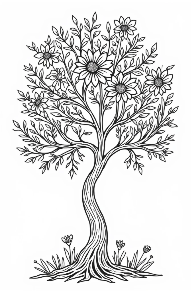 Create a coloring picture with white areas of a tree with flowers, to color in