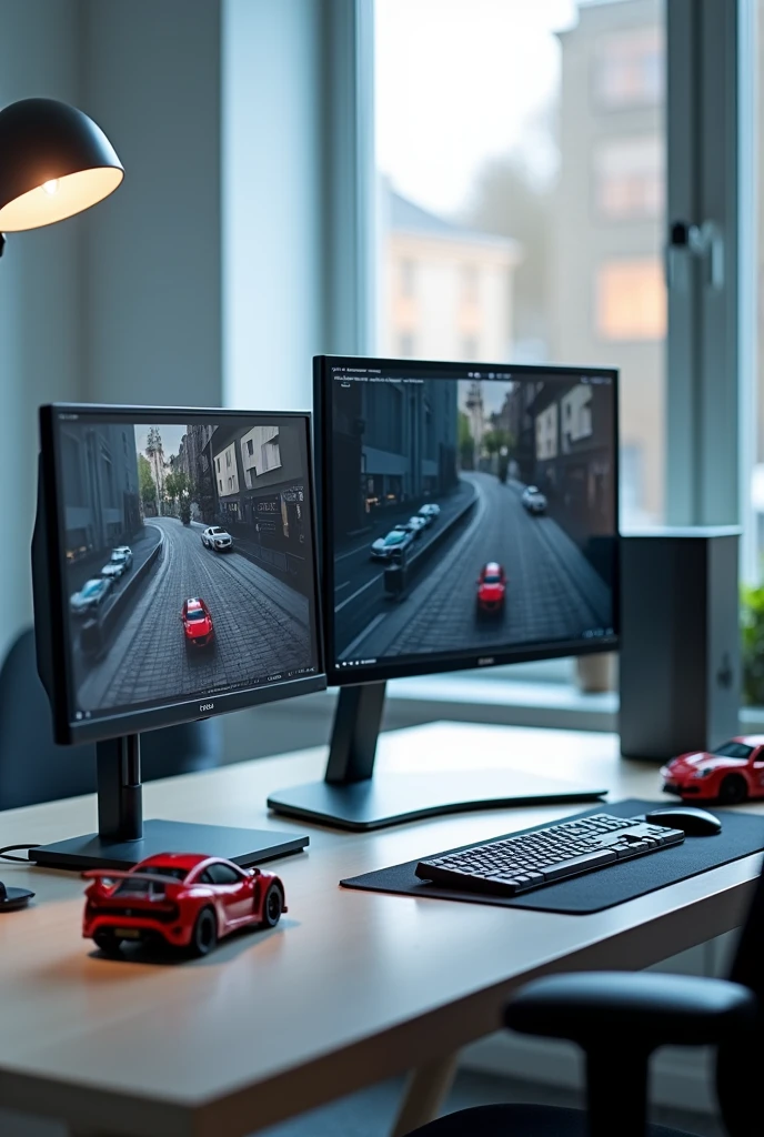 A pc desk with one main monitor and one pivoted monitor by the left side of the main monitor and another monitor for CCTV surveillance with a tablet and some diecast cars on the table for aesthetics 