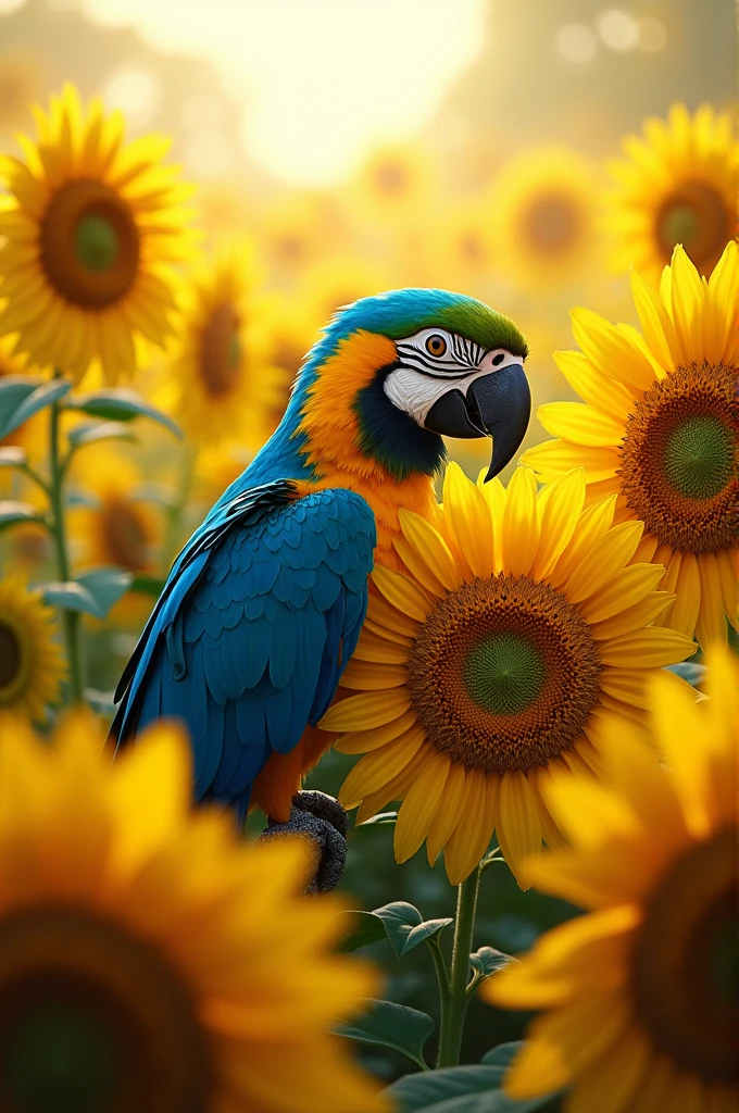 Blue-and-yellow macaw in sunflower field with letter D and I in the picture