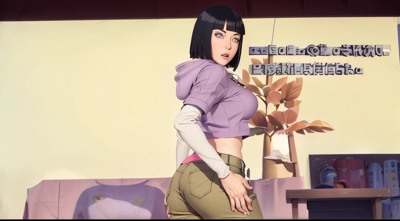 master part, absurderes, hinata\(boruto\), 1 girl, standing alone,mature woman, purple hoodie,layered sleeves, short brown jeans sexy, plein-air, cloudy sky, perfect composition, circumstantial lips, large breasted, pretty face, Body Proportion, blush, (pink lips), short black hair (black hairr), lilac eyes, smooth appearance, super realistico, circunstanciado, photoshoot, realistic face and body, realistic hair, realisticeyes, realistic nose, realistic lips, brown jeans, animadas, dancing lightly. on your back, with chin under shoulder, looking back sensually, sorriso sexy, mouth shut. different pose.