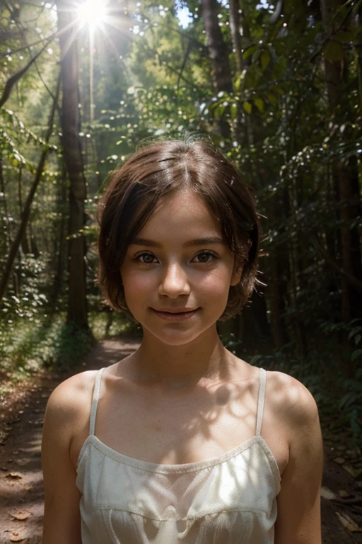 beautiful girl, (((((small)))), showing face, protruding tongue, short hair, brown, 8k, professional photography, delicate, clear, in the forest, sun, light leakage, masterpiece, (beautiful)))), (reality)))), smile, fantastic, angel, young