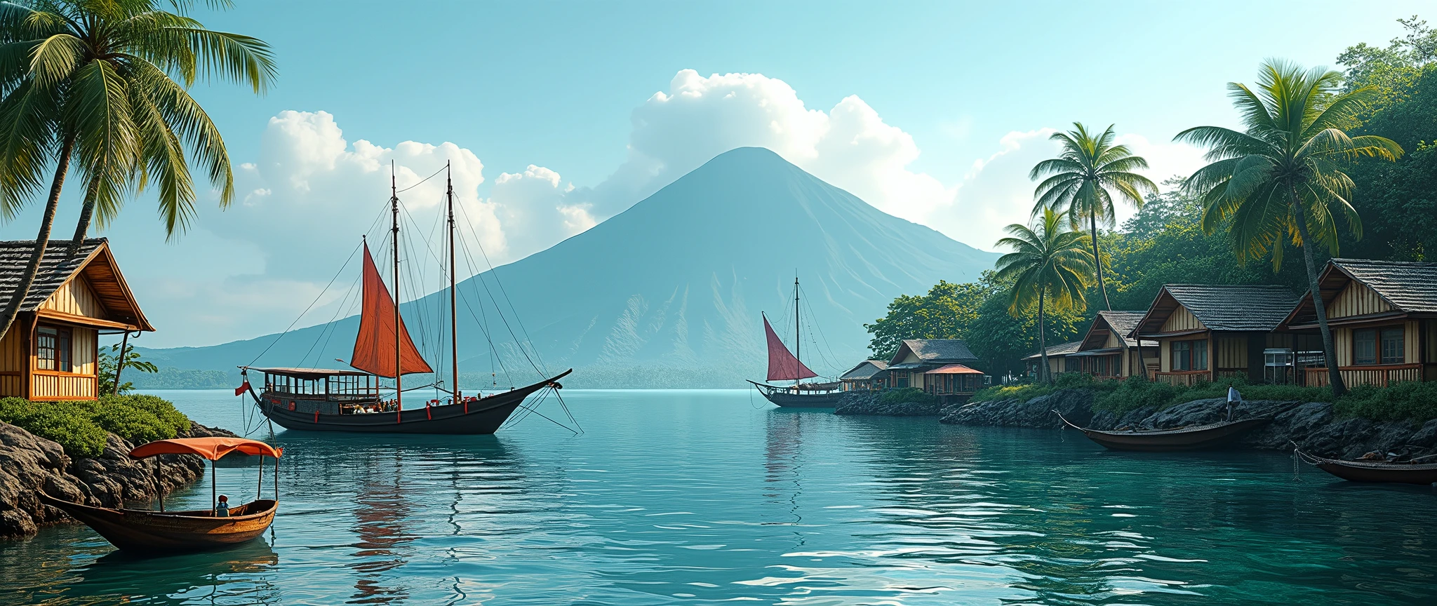 Village from ancient Ternate island, Maluku, Indonesia, beside a ocean and Ternate mountain, there is no peoples, kora-kora ships, flag on top of the ships, hyper realistic, masterpiece, best quality, ultra-detailed, UHD, 64K