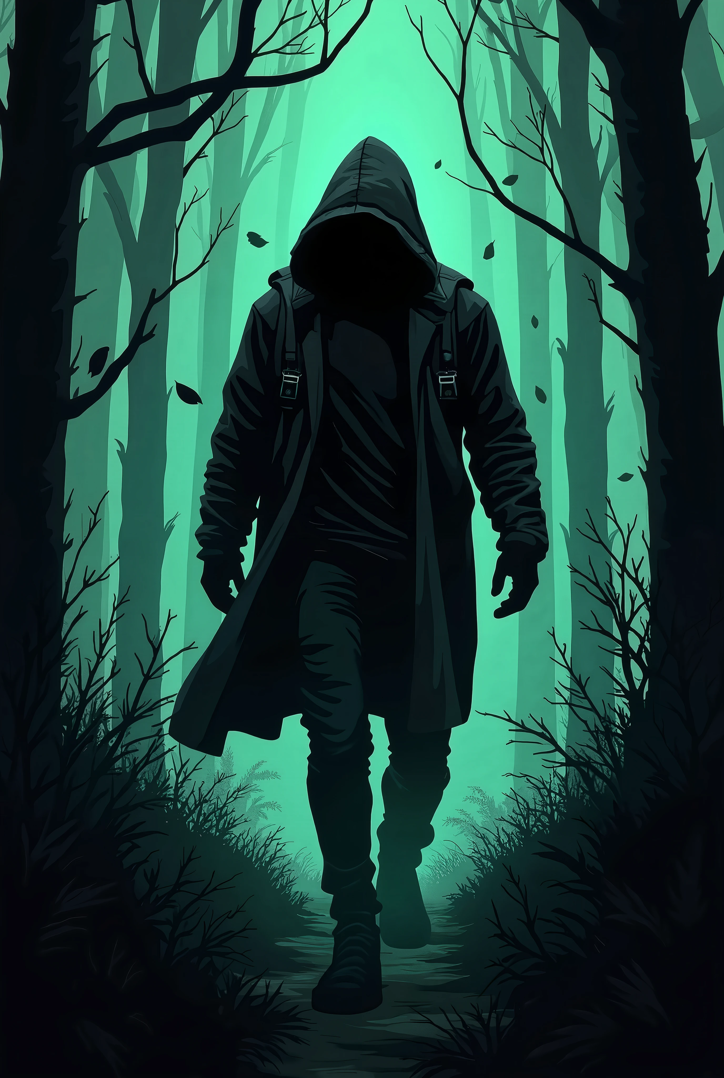 The image shows a dark, stylized scene of a strong, hooded male figure with a backpack, Walking in a forest at night. The background is predominantly green, with silhouettes of trees and black vegetation in contrast. The atmosphere is mysterious and unsettling, with leaves slowly falling around the figure. The art has a graphic style, with strong contrasts between light and shadow, capturing a sense of suspense.