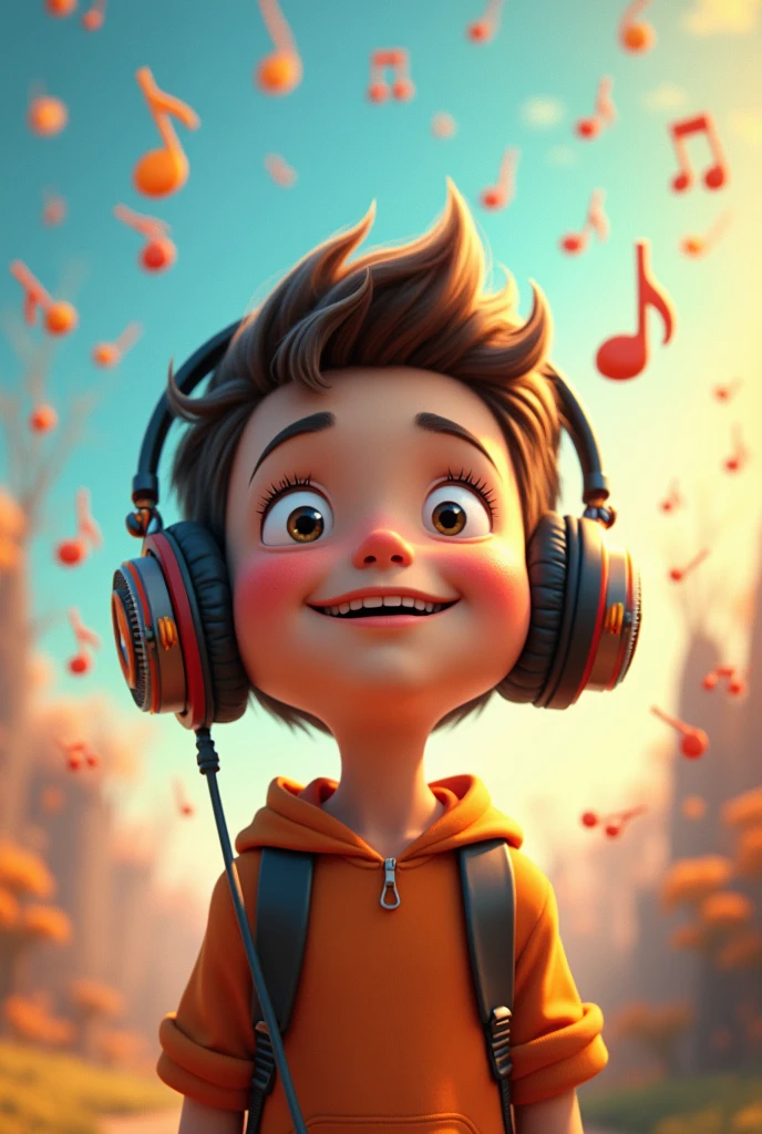 Listen to music: A boy with headphones and a relaxed expression, maybe with musical notes floating around. Animated image for children