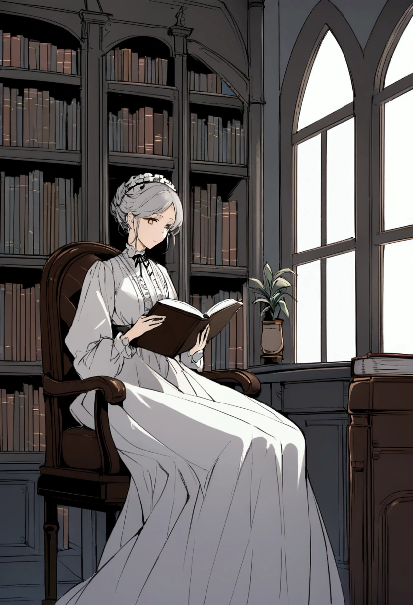 a woman in a white dress, reading a book. plain color, posh, gentle atmosphere, Dappled Light, plants. Simple and beautiful color scheme. swaying in the wind, summer, old bookstore, Victorian era, vintage, Ten Thousand Year Pen、café、Kizi、leather chair、machine、study、window、Large quantity of books、Book Tower、Gothic style、Lolita fashion、black gown, gray hair、shelf、natta、windowからの光.