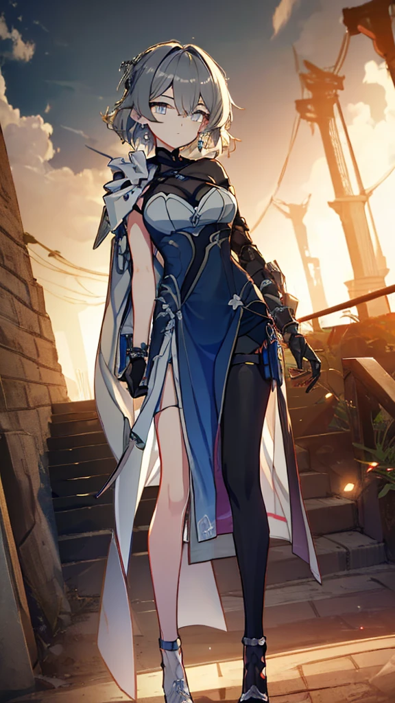 ((full body)),Teenage Girls in Anime, Blue and grey metal armor, Blue hand and thigh accessories, Short dark blue-gray hair, hair accessory, Grey Eyes, Silver earrings, nose, Curious, Healthy Skin, Very dirty, head, shoulder, Small box, arms, Have a map, Narrow waist, feet, Medium thighs, Has black robotic legs, cute, Bright colors on the shirt, Futuristic marble white palace, Shining light in the sky, Stand next to a wall, Cinematic Light, High resolution, Highest quality, Super detailed, Detailed face, (Detailed eyes), Highest quality, Super detailed, masterpiece, (Detailed face), Beautiful face, feetを見せて, short hair