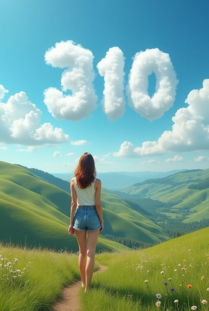 A high-resolution photograph featuring a beautiful Russian landscape of rolling hills under a clear blue summer sky in the background. In the sky, realistic white clouds accidentally form the number "310", creating a whimsical scene. In the foreground, a stunning 2 girl, an amateur photographer, poses gracefully. She has an adventurous spirit and exudes confidence, dressed in casual summer attire that complements the natural beauty around her. The composition captures incredible detail, showcasing both the lush greenery of the hills and the striking presence of the girl, making it suitable for commercial advertising or stunning photography portfolios