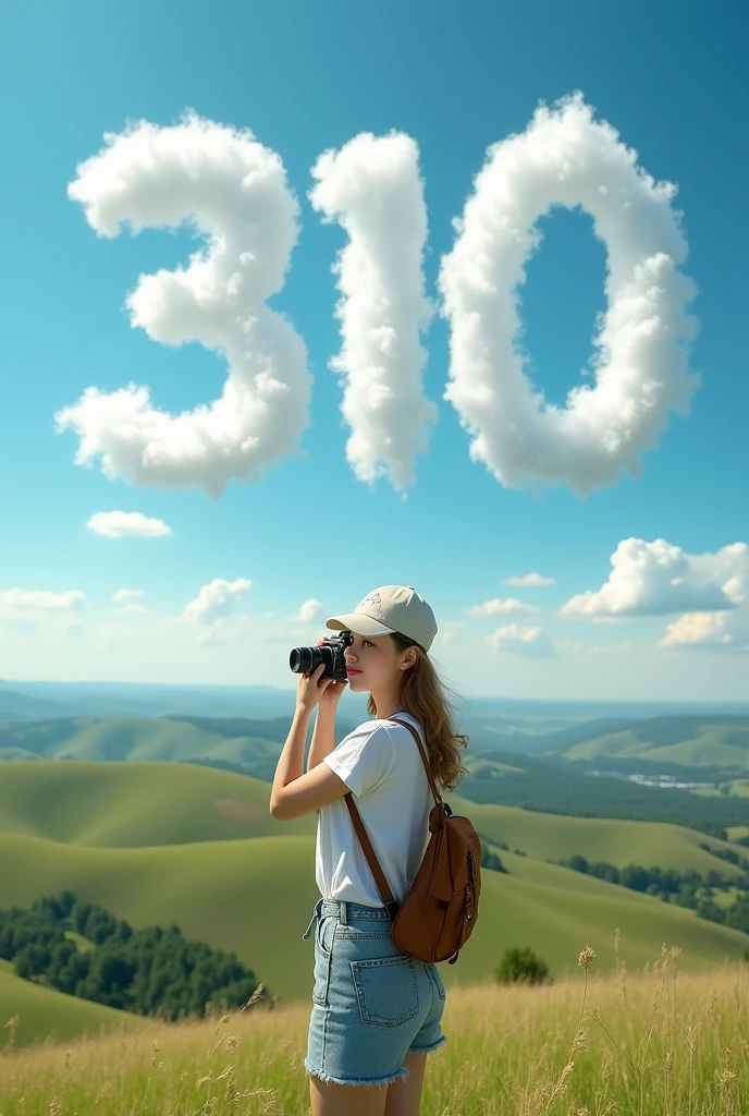 A high-resolution photograph featuring a beautiful Russian landscape of rolling hills under a clear blue summer sky in the background. In the sky, realistic white clouds accidentally form the number "310", creating a whimsical scene. In the foreground, a stunning 2 girl, an amateur photographer, poses gracefully. She has an adventurous spirit and exudes confidence, dressed in casual summer attire that complements the natural beauty around her. The composition captures incredible detail, showcasing both the lush greenery of the hills and the striking presence of the girl, making it suitable for commercial advertising or stunning photography portfolios