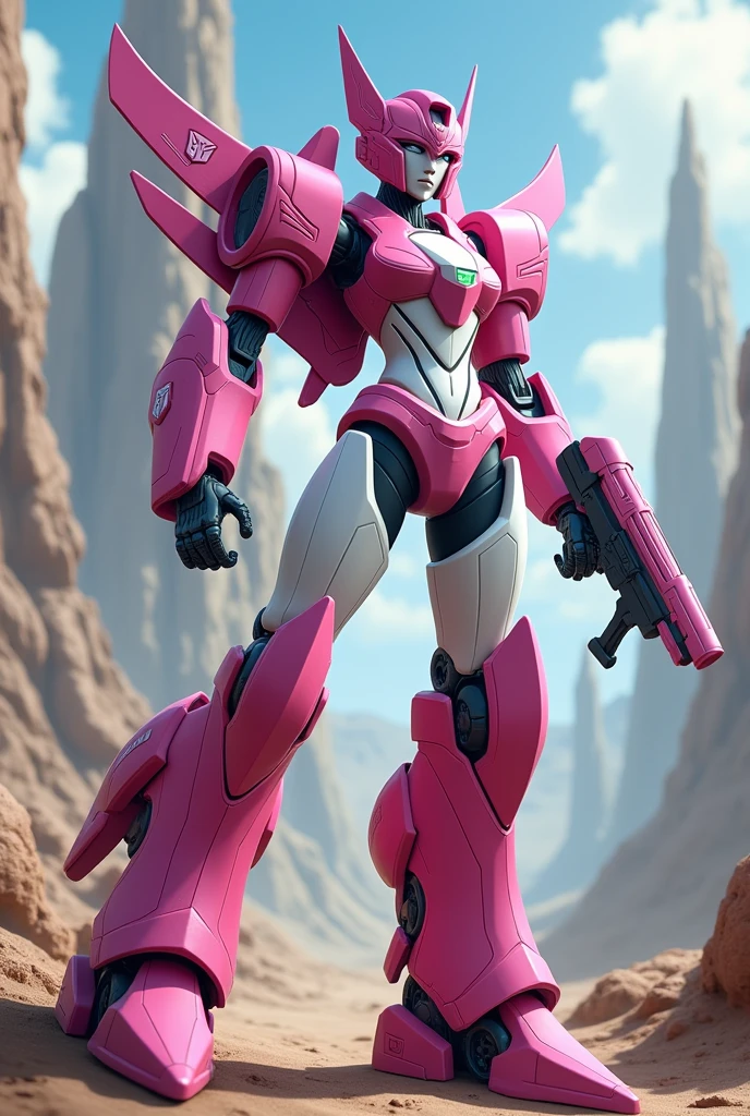 G1 Arcee is a pink and white female Autobot with a sleek, humanoid design. She transforms into a futuristic car, known for her agility and skill in combat. Loyal and caring, she often wields a blaster and is a trusted ally.