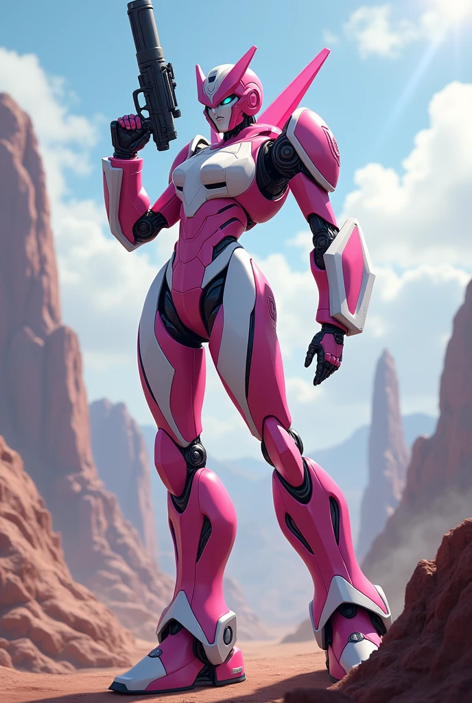G1 Arcee is a pink and white female Autobot with a sleek, humanoid design. She transforms into a futuristic car, known for her agility and skill in combat. Loyal and caring, she often wields a blaster and is a trusted ally.