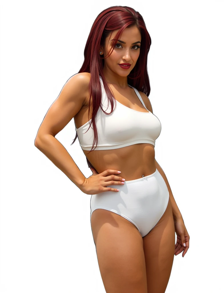 (masterpiece, best quality)), ((((perfect anatomy)))), Curvy Latina with long red hair, dark eyeshadow, dark red lipstick, white bra, (((big white hanes cotton panties))), (((comic book art style)))