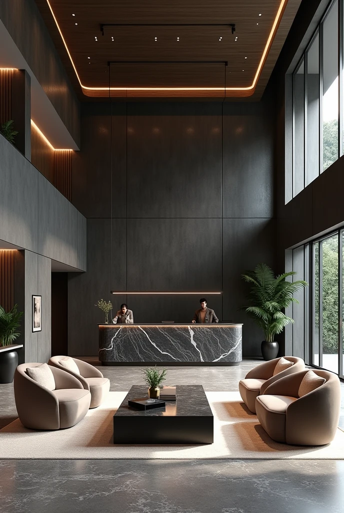 Professional 3d architecture rendering design of modern hotel’s Labi with dark slab stone and 4 dark beige velvet sofa Chairs and medium flouting dark gray marble station and elegant and modern accessories and modern windows and black slab stone middle table and elegant and modern ceiling lighting and elegant accessories and modern ceiling lighting and beautiful green space
