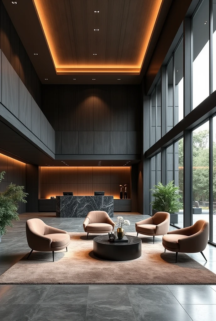 Professional 3d architecture rendering design of modern hotel’s Labi with dark slab stone and 4 dark beige velvet sofa Chairs and medium flouting dark gray marble station and elegant and modern accessories and modern windows and black slab stone middle table and elegant and modern ceiling lighting and elegant accessories and modern ceiling lighting and beautiful green space