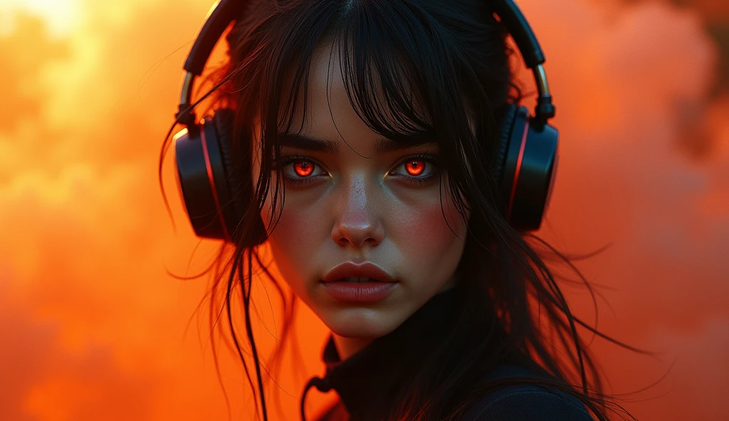 Full body, ultra-photorealistic, surreal, (masterpiece),  Princess. messy hair, beautiful face, cinematic light, beautiful woman, wearing a headphone. predatory look to the camera, (((glowing orange eyes))), perfect anatomy, sunset,  multicoloured smoke on background, title "Autumn season", wide angle, low angle, close range, style, 8k resolution, elegant, near perfection, dynamic,  very detailed, character sheet, concept art, textured skin