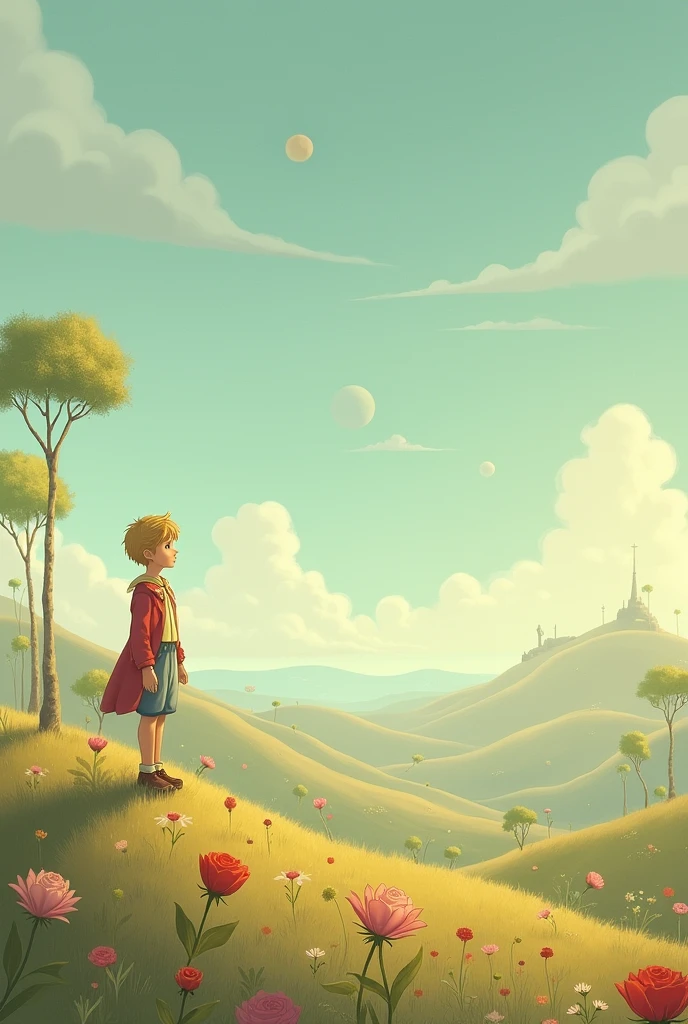A quiet landscape that has a scene from the little prince