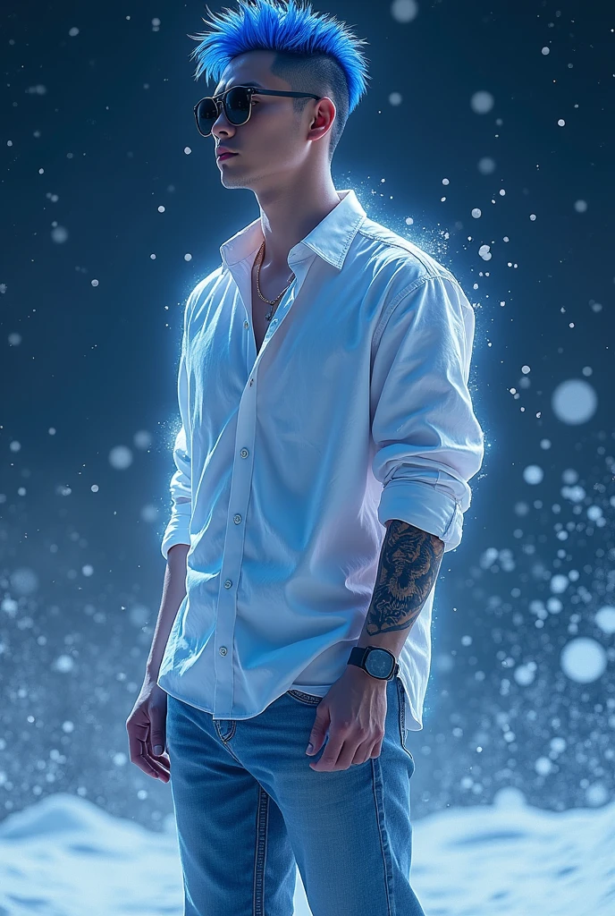 A realistic depiction of humanoid creatures in the world. Japanese man with bright blue stylish short hair Wear sunglasses with black chrome lenses. Long sleeve white shirt with rolled up sleeves Wolf tattoo on arm, jeans, Converse shoes
Stands, larger than usual dynamic made of beautiful sparkling crystal. The backdrop is a sea of snow at night with stars twinkling in the sky. UHD 128K.