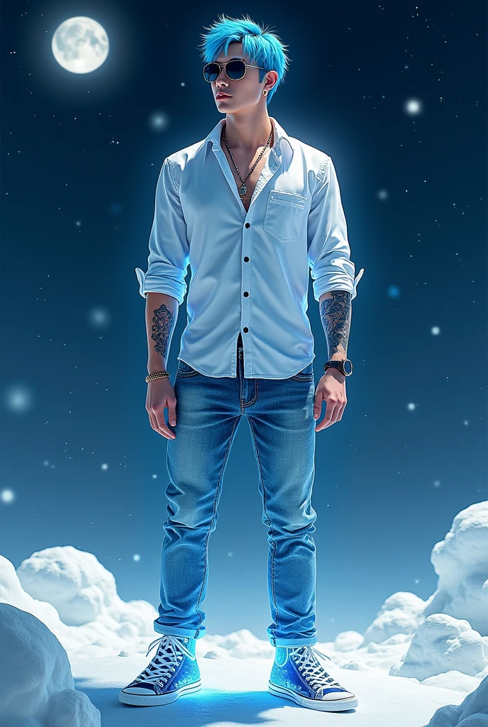 A realistic depiction of humanoid creatures in the world. Japanese man with bright blue stylish short hair Wear sunglasses with black chrome lenses. Long sleeve white shirt with rolled up sleeves Wolf tattoo on arm, jeans, Converse shoes
Stands, larger than usual dynamic made of beautiful sparkling crystal. The backdrop is a sea of snow at night with stars twinkling in the sky. UHD 128K.