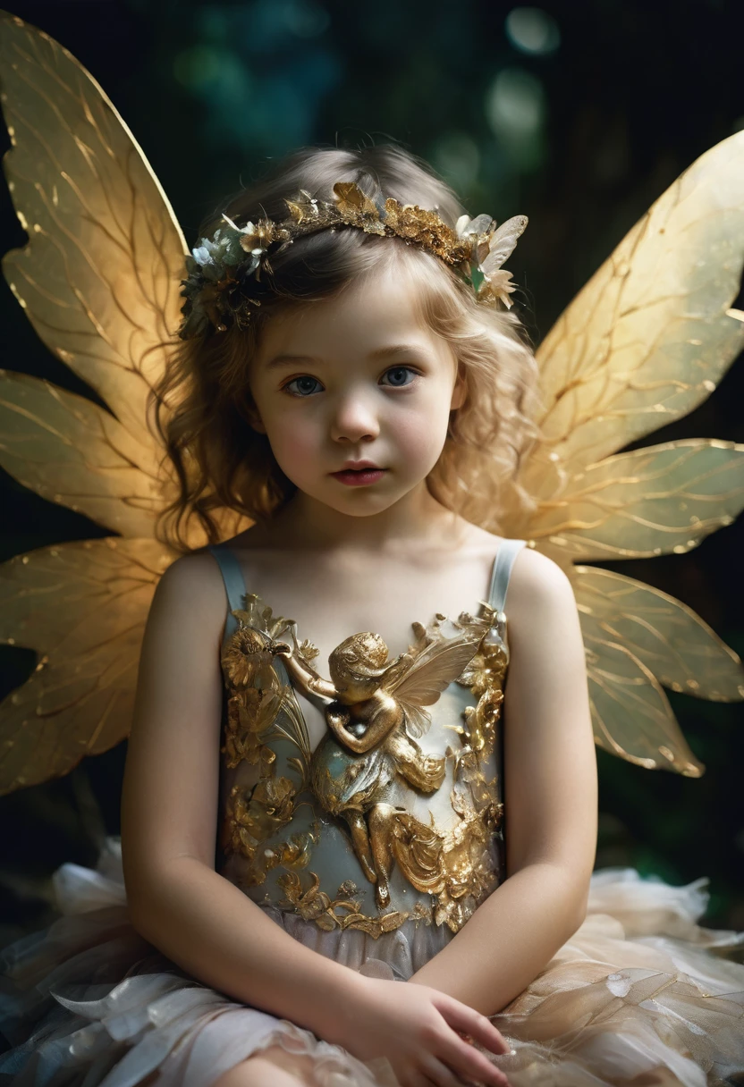 A stunning, surreal image capturing a wee fairy with intricately detailed golden and transparent wings, her delicate cherub face is illuminated by luminous shadows that add depth and drama to the scene. She is playing with a squirrel. Her skin is amazingly luminescent. The image is captured using Fujifilm Provia 400x, enhancing the richness and vibrancy of the scene. This masterpiece pays homage to the works of renowned artists such as , Jenny Saville, and Max Ernstrunepunk, merging their styles to create a captivating and unforgettable visual experience., photo, painting.