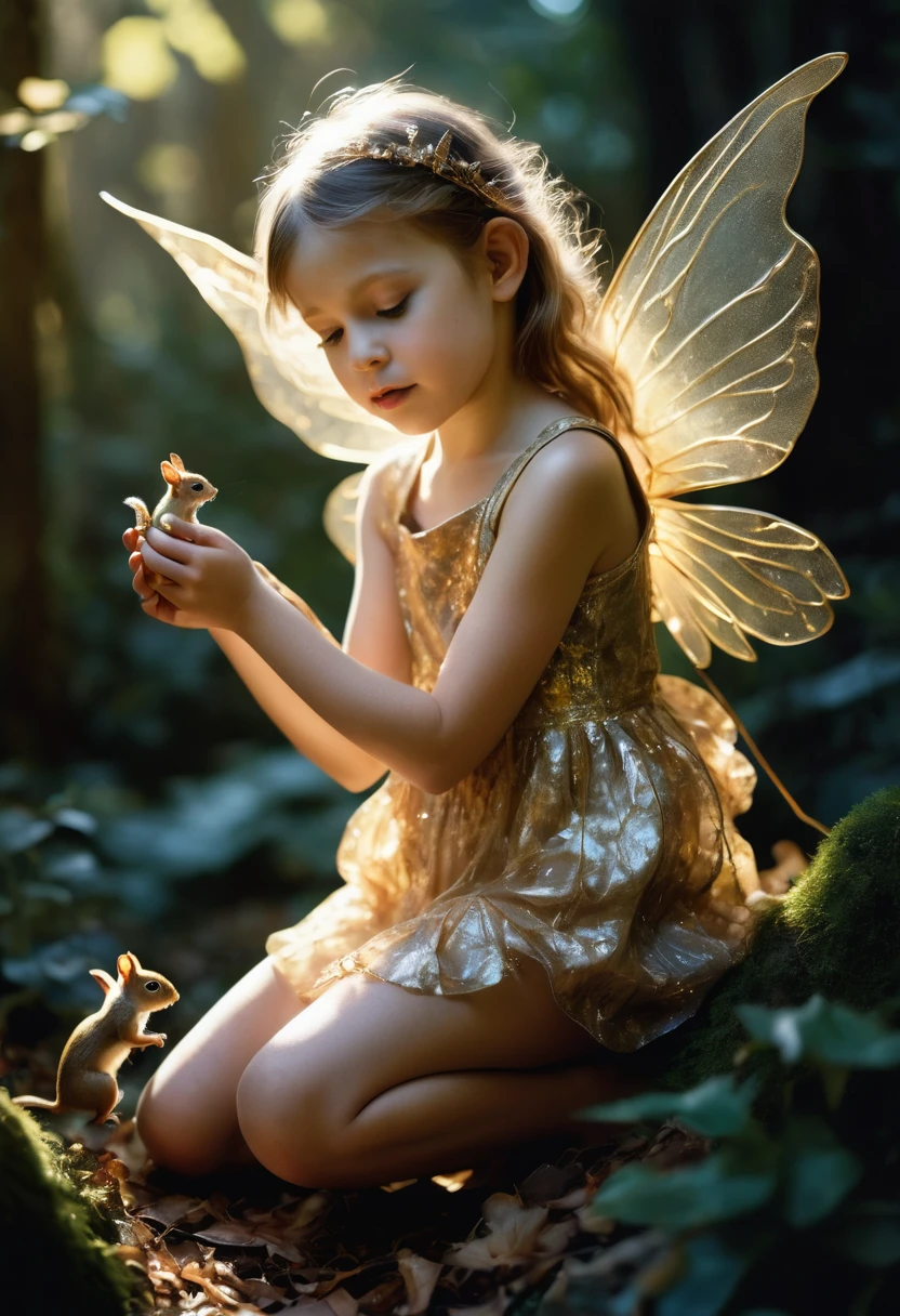 A stunning, surreal image capturing a wee fairy with intricately detailed golden and transparent wings, her delicate cherub face is illuminated by luminous shadows that add depth and drama to the scene. She is playing with a squirrel. Her skin is amazingly luminescent. The image is captured using Fujifilm Provia 400x, enhancing the richness and vibrancy of the scene. This masterpiece pays homage to the works of renowned artists such as , Jenny Saville, and Max Ernstrunepunk, merging their styles to create a captivating and unforgettable visual experience., photo, painting.
