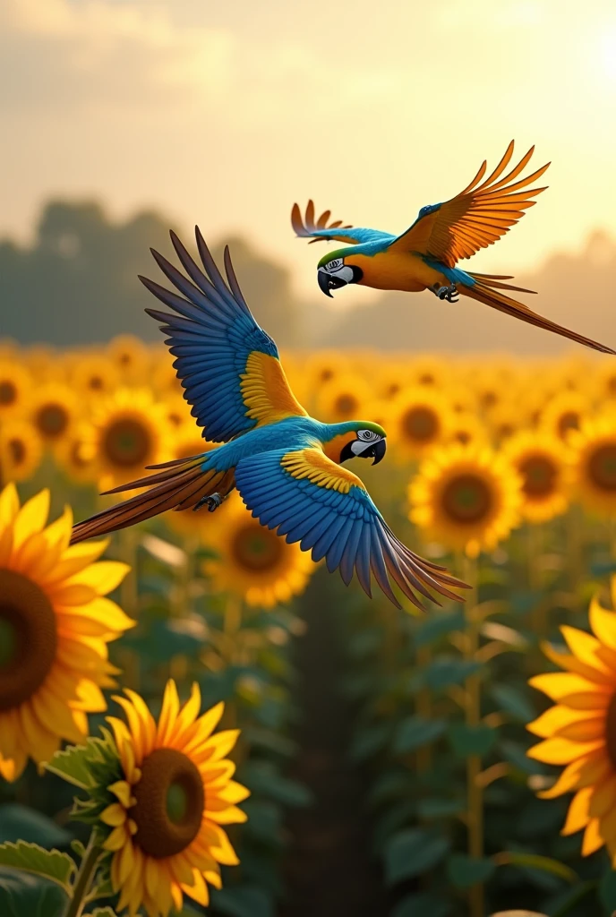 two blue-and-yellow macaws flying over a sunflower plantation