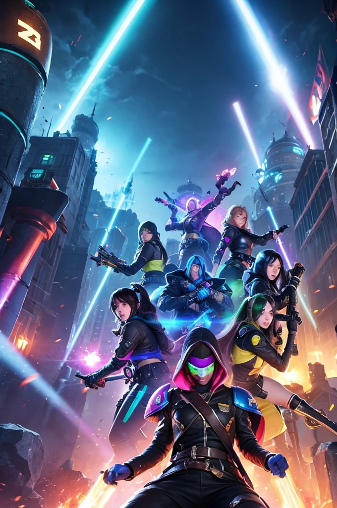 Six people playing Tower Siege in League of Legends, shining in rainbow colors