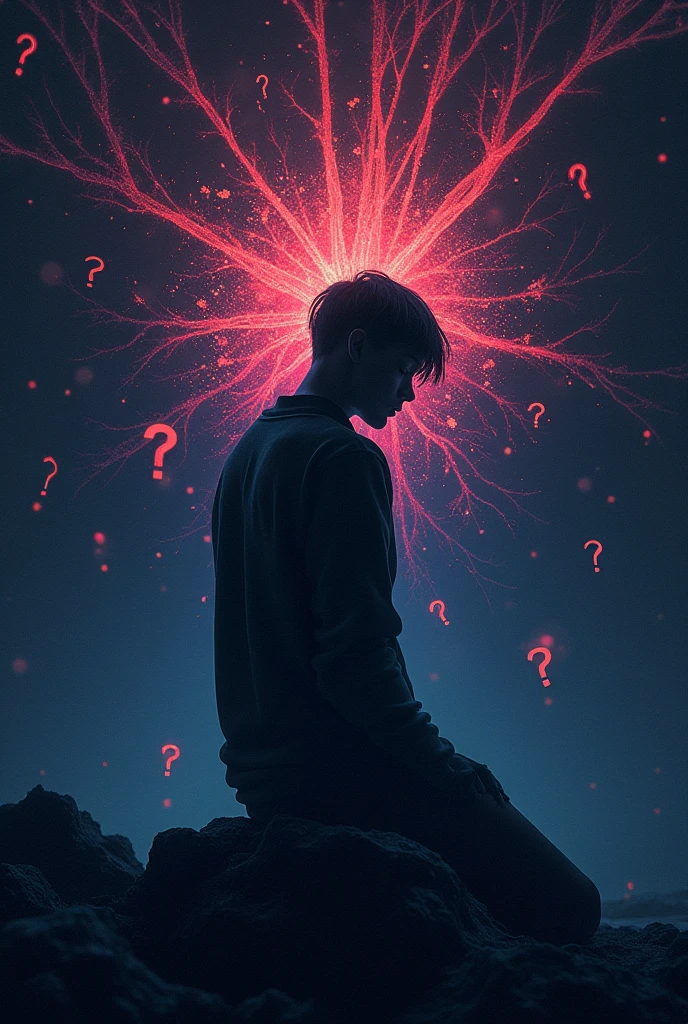 "Create a visually striking and mysterious image for a Facebook profile that piques curiosity. The image should feature a silhouette of a person deep in thought, surrounded by abstract, glowing neural patterns and connections that hint at hidden knowledge. The background should be dark but with vibrant accents of color, creating a sense of intrigue. Include subtle elements like question marks or keys floating in the background, suggesting the unlocking of secrets or new possibilities. The overall vibe should be enigmatic yet inviting, compelling viewers to wonder what's behind the image and explore further."