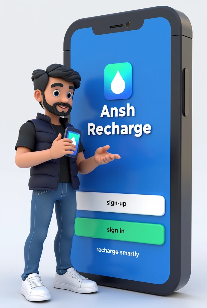 Digital illustration featuring a 3D rendered character and a smartphone. The layout is vertical with the smartphone and getting indicated by character The character is a man and has a stylized appearance with a beard, mustache, and medium-length hair, wearing a  black shirt, blue jeans, white sneakers, and a black vest. The character is holding a smaller version of the smartphone. The smartphone screen displays the 'Ansh Recharge ' app interface with a blue background and white text. The app's logo is a blue and green gradient shield with a drop shape inside. Below the logo, the text 'Recharge Smartly with Gurantted Cashback' is written in white. There are three login options: ''Sign-Up', and 'Sing In', with the last option highlighted in green. The bottom of the screen also displays 'Recharge smartly' in white text on a green background. I want in 4k 