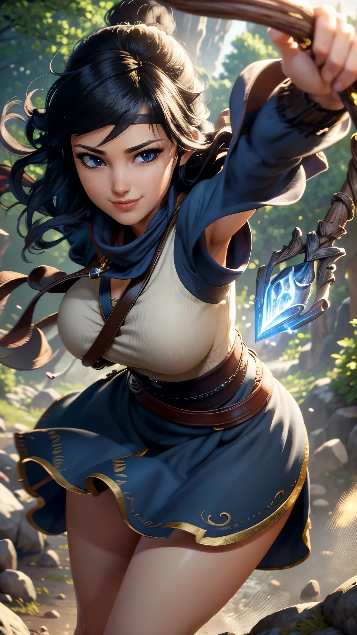 Kena da bridge of spirits,(best qualityer,4K,8k,high resolution,work of art:1.2)(weather: windy),spirit forest background, long curly hair, cropped shirt, long wavy dress, thigh high stockings, garter belt, magic scepter, headband, gloves, harness corset, wide hips, ultra detailed,realisitic,beautiful detailed blue eyes,beautiful detailed lips,extremely detailed eye and face, long eyelashes,sexly,average,large breasts,flying hair,beaming smile,powerful girl in a combat, combat stance,bright coloured,dramatic lighting,composition,