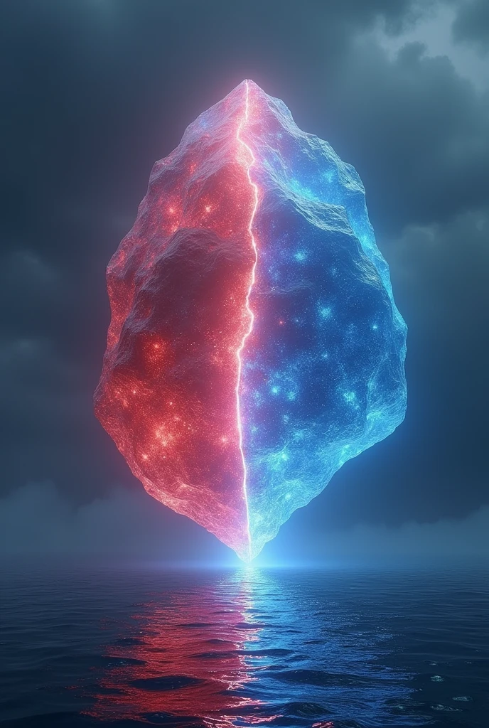 There is a large pulsating crystal hovering over the sea half of it is red and half of it is blue