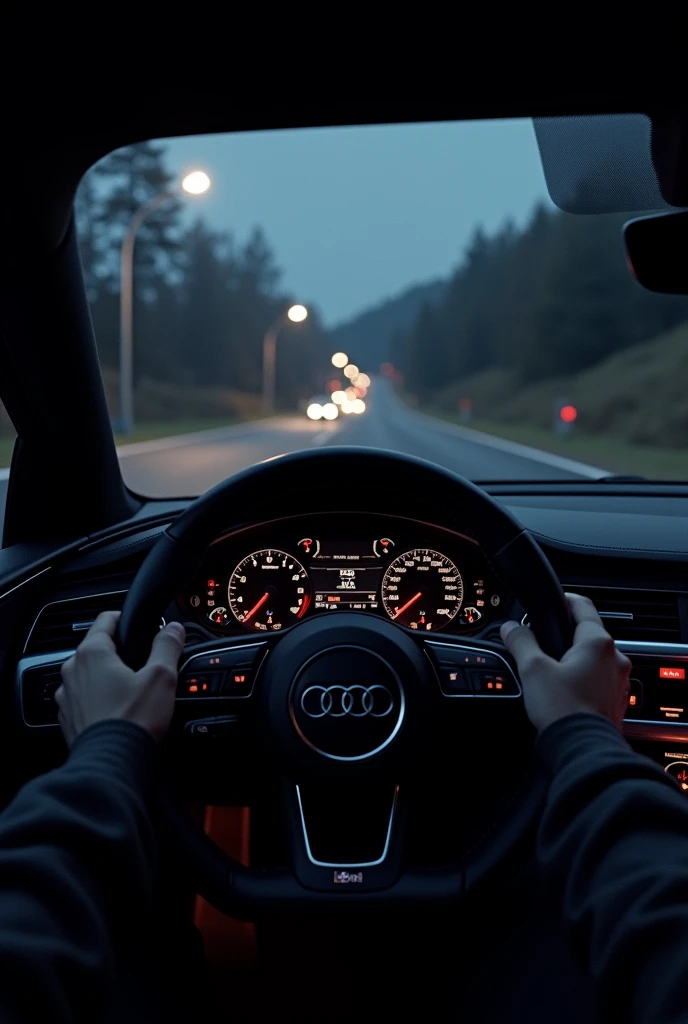 generate a photo from inside an audi on first person camera at night