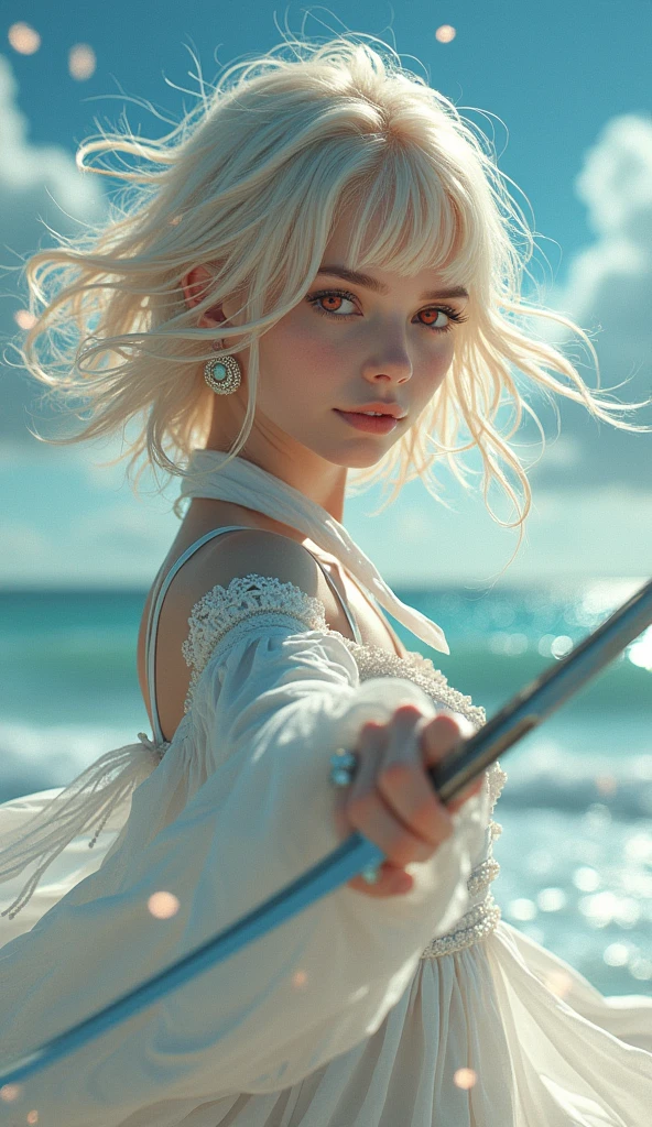 (masterpiece), ((highest quality)), (super detailed), ((very delicate and beautiful)), (incredibly absurd))), (perfect body))), 1 girl, glowing white particles, fighting, holding_sword, blonde bob, red eyes, seventeen years old, outdoor, sky, aura full body, big, white tattered dress, bare shoulders, small smile, sea + background, wind, perfect hands, hand details, modified fingers. Earrings, looking_at_viewer, cowboy shots, rich detail, perfect image quality