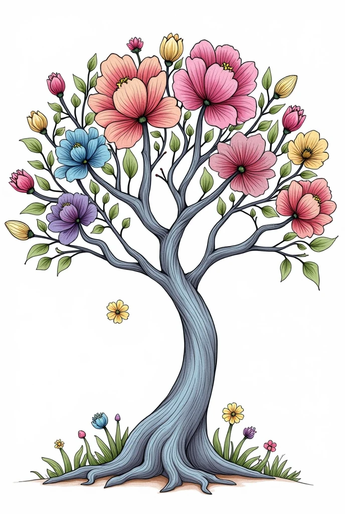 Create a coloring picture with white areas of a tree with flowers, to color in