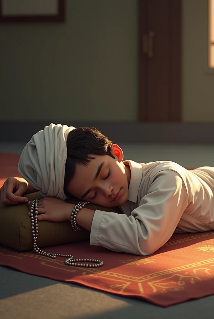 A young man lying asleep on a prayer mat without a pillow while holding prayer beads after reciting dhikr, still wearing his sarong and his peci lying down