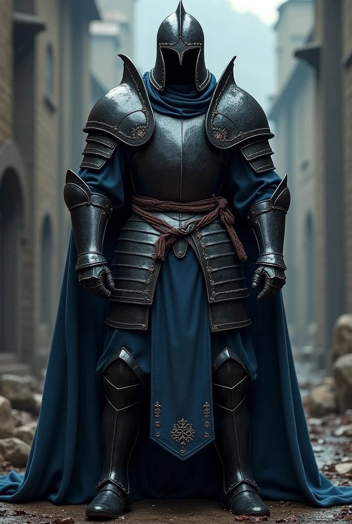 A Soldier, Medieval age, Dark Black Armor and dark blue cloth suit,