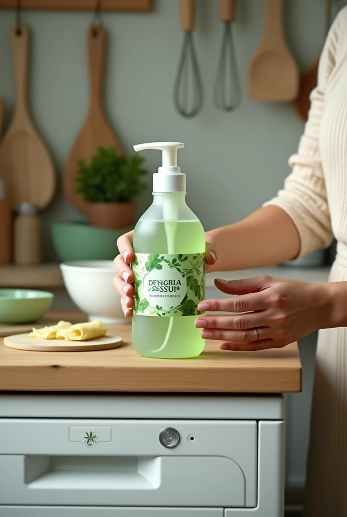 Create a liquid soap for the kitchen, that is on top of a dishwasher, Make your slogan catchy, In addition to being biodegradable,  let it be green , and that a mother is holding him, and that it is surrounded by kitchen utensils and that the label says liquid kitchen soap 



 
